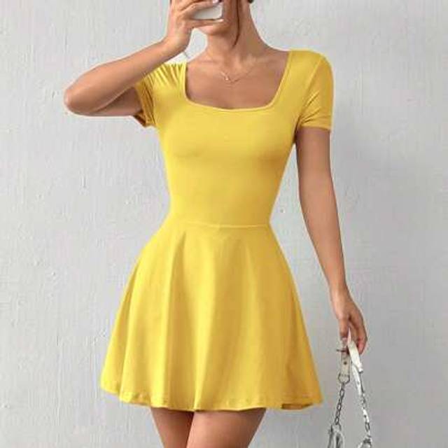 SHEIN Yellow Knitted Women&#39;s Square Collar Short Sleeve Casual Short Dress