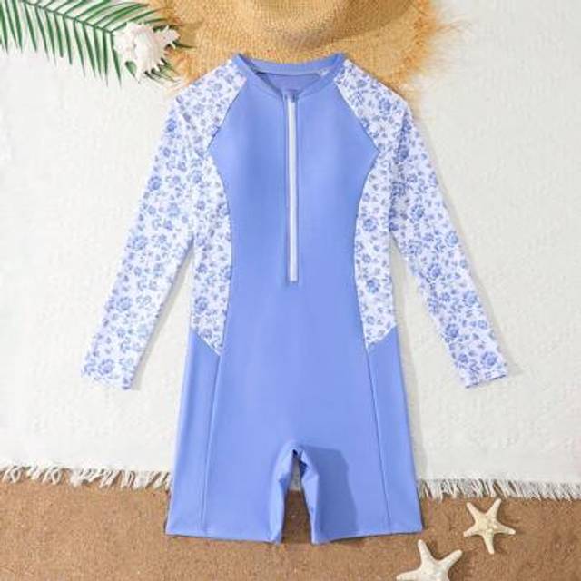 SHEIN One-Piece Teen Girls Printed Splicing Zipper Swimsuit Long Sleeve Swimwear