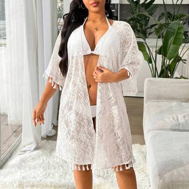 SHEIN Plus Size Women Beach Lace Chiffon Cover Up Kimono, Loose Flared Sleeve, Midi Length