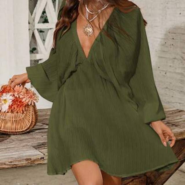 SHEIN Casual Loose Woven V-Neck Long Sleeve Mini Dress For Women, Spring/Summer Summer Dresses For Women