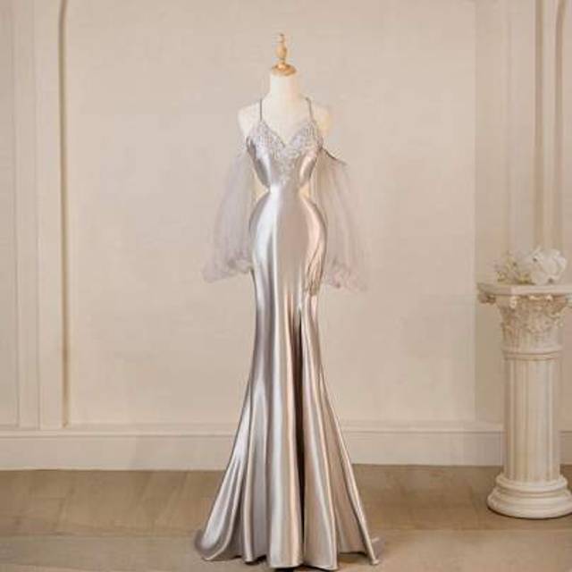 SHEIN Silver Lace Patchwork Backless Puff Sleeve Hollow Waist Slit Slim Fit Maxi Satin Bridesmaid Dress