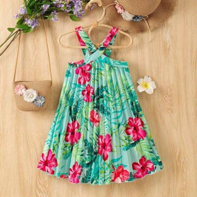 SHEIN Young Girls&#39; Casual Tropical Floral Print Sleeveless Dress, New Spring/Summer Collection Girl Dress Tropical
