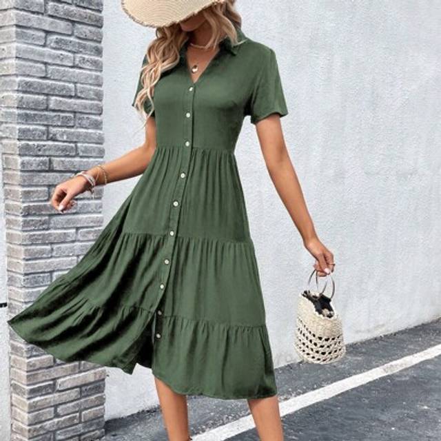 Breezaya Solid Button Front Ruffle Hem Shirt Dress Maxi Vacation Beach Outfits Women