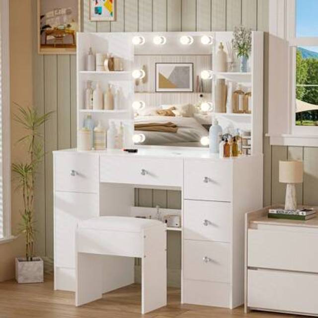 SHEIN Large Makeup Dressing Table With LED Lights Mirror + 5 Drawers Vanity Stool Set