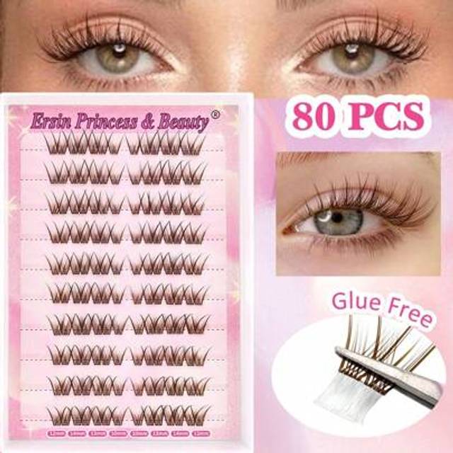 SHEIN 80 Pcs Brown Self Adhesive Lashes Cluster Fluffy 10-14mm Mixed Lengthes Kit, No Glue Needed Fluffy Individual Lashes Self Adhesive DIY Eyelashes Exten
