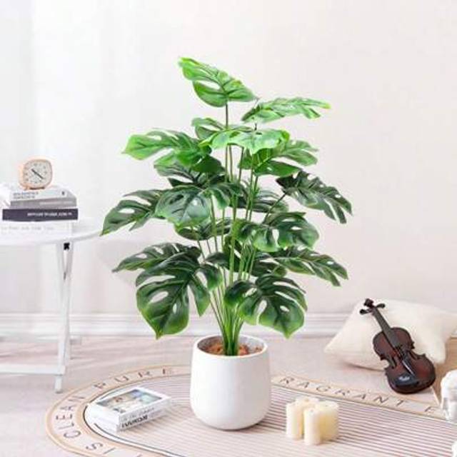 SHEIN 65cm Large Artificial Plants Fake Monstera Tree Plastic Palm Leaves Green Turtle Leafs Floor Tree Branch Without Pot 18 Leaves Tropical Banana Tree Fo
