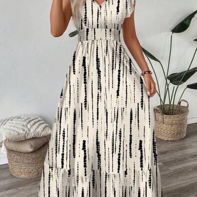 Luneh Vintage Style Casual Vacation Tie-Dye Striped Shirred Cap Sleeve Cinched Waist Ruffle Hem A-Line Dress, Leopard Print Casual Vacation Elegant Outdoor