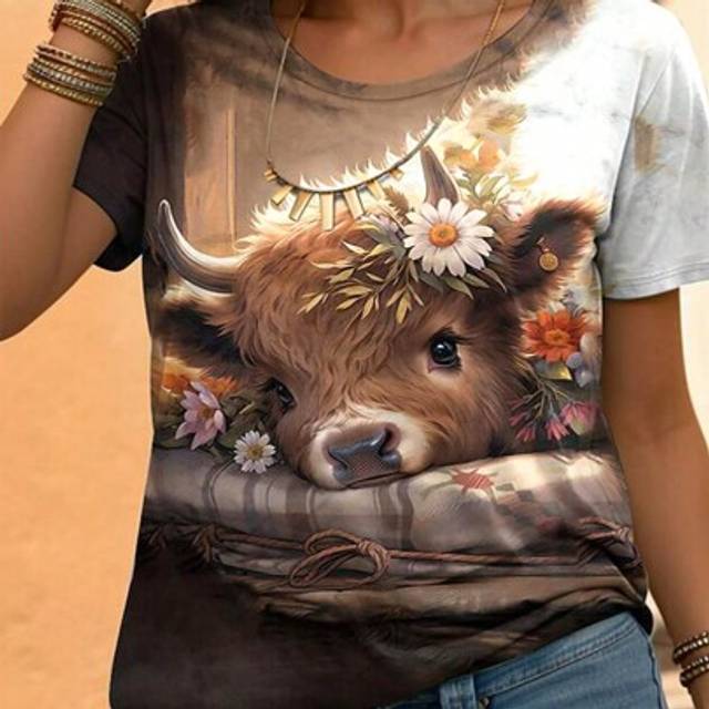 SHEIN Women&#39;s Fashion Round Neck Cute Cow Print Short Sleeve T-Shirt Casual Top For Spring/Summer, Vacation