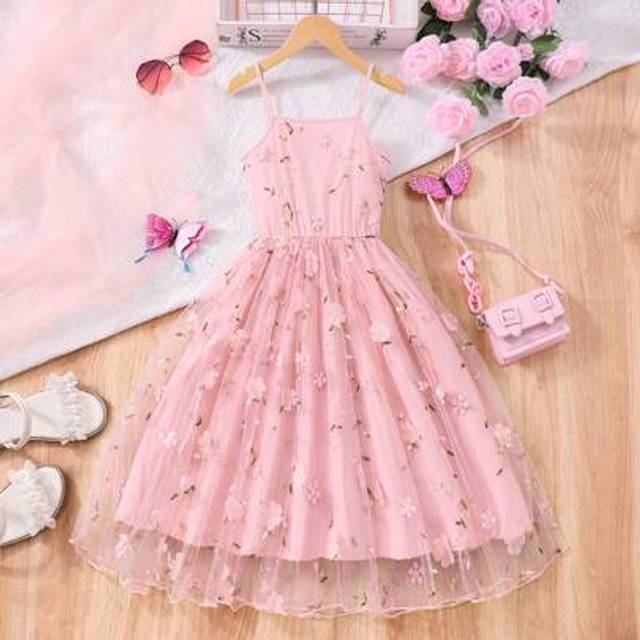 SHEIN Tween Girls&#39; Pink Floral Embroidered Mesh Summer Elegant Camisole Dress,Holiday,Summer,Travel