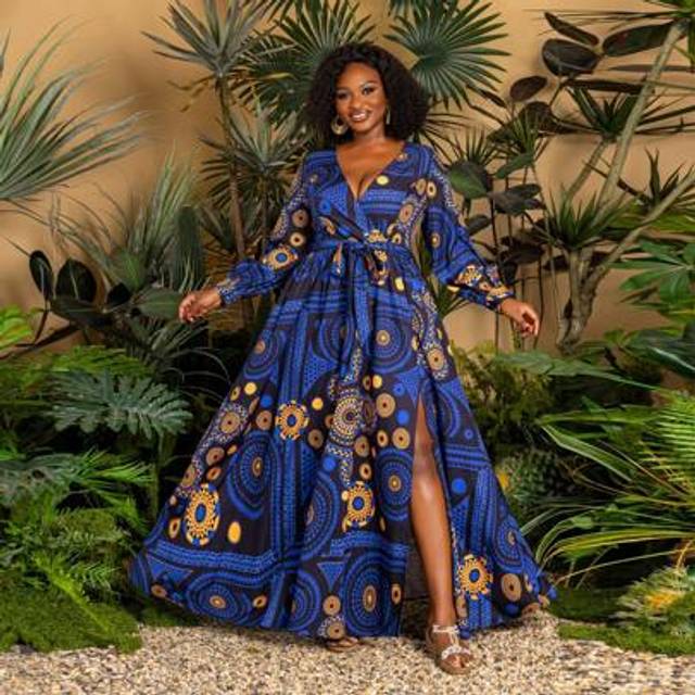 SHEIN Plus Stunning African Print Maxi Dress With Lantern Sleeves, Cross-Over Collar, Thigh-High Slit, And Removable Belt â Boho-Chic Resort Wear For Summ