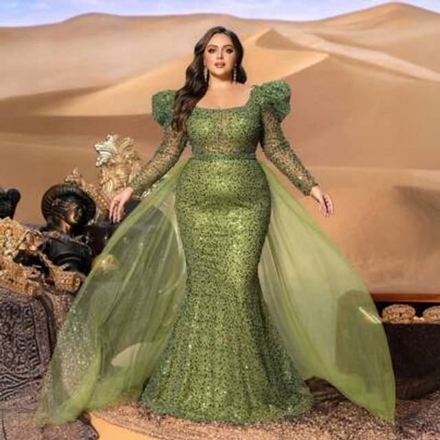 SHEIN Plus Luxury Square-Neck Long-Sleeve Evening Gown With Detachable Back Ties & Dramatic Fish-Tail Train â Perfect For Black-Tie Galas, Formal Dinners,