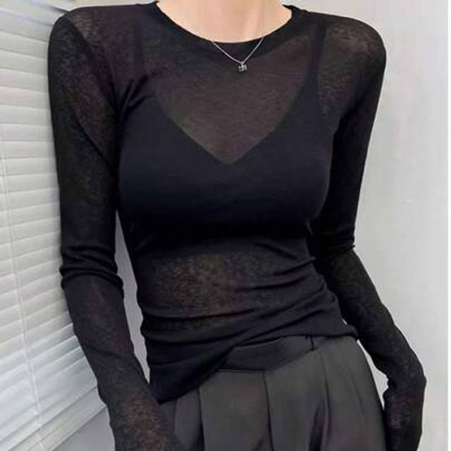SHEIN Y2K Stretchy See-Through Long Sleeve Round Neck Slim Fit T-Shirt Going Out Tops