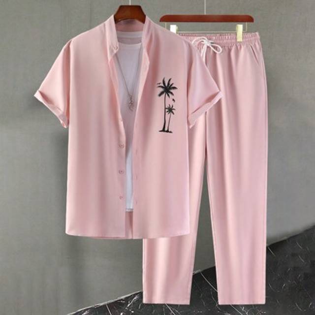 SHEIN Men&#39;s Linen-Like Palm Tree Print Single-Breasted Short Sleeve Shirt And Drawstring Pants Set