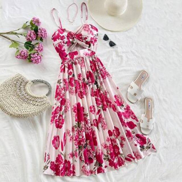 Soleia Women&#39;s Floral Print Buttoned Hollow-Out Design Slip Midi Dress For Summer Vacation,Sun Dresses For Women