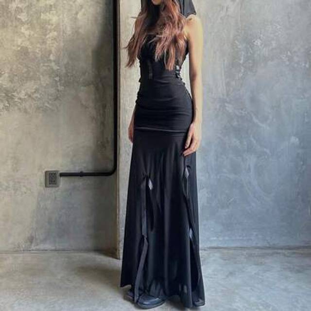 SHEIN Gothic Style Hooded Fitted Mesh Patchwork Sheer Bodycon Dress