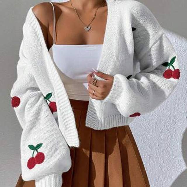 Flirla Cherry Pattern Drop Shoulder Duster Cardigan,Long Sleeve Tops