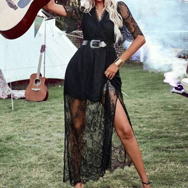 SHEIN Summer Country Festival Outfits Solid Color Vacation Style Lace Dress With High Slit Music Festival, Mother&#39;s Day Gift, Easter Clothes, Vacation Outfi