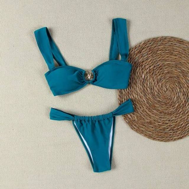 SHEIN European And American Fashion Resort Swimwear Solid Color Bandeau Bikini Set