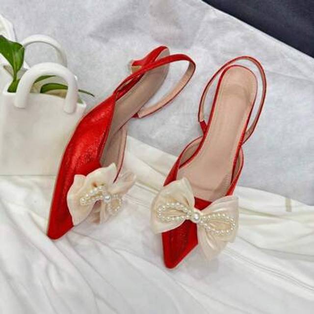 SHEIN Fashionable Red High Heels With Bow For Teenage Girls, Suitable For Party, Gathering, Festival, Banquet, Elegant
