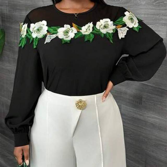 Slaydiva Elegant & Party & Evening & Date Loose Solid Black Lantern Sleeve Sheer Mesh Panel Collar Ruffle Trim Blouse For Plus Size Women, Spring/Autumn
