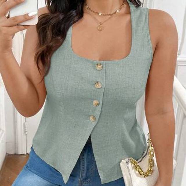 SHEIN Plus Size Women&#39;s Solid Color Button Decorated Sleeveless Tank Top,Linen Top, Linen Front Buckle Decorative Suit Tank Top, Front Slit Shirt, Simple, E