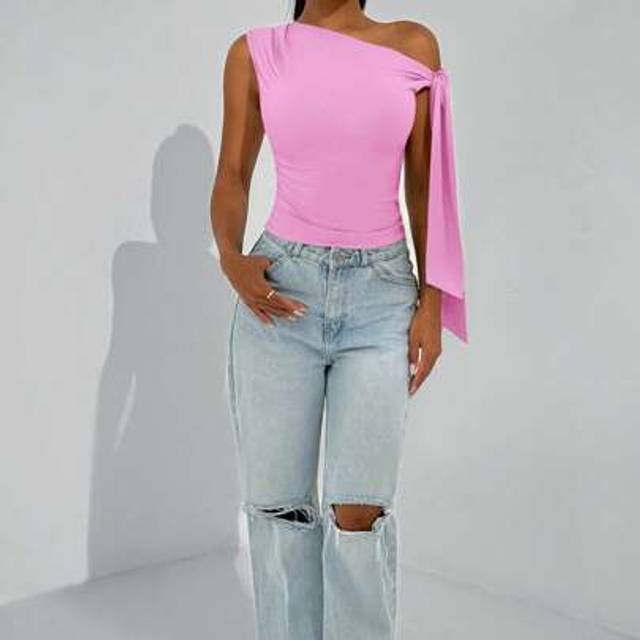 SHEIN Asymmetric Shoulder Tie Women&#39;s Blouse, Daily, Dating, Clubbing Outfit, Elegant Club Attire, Halloween Outfit, Autumn Off The Shoulder Top