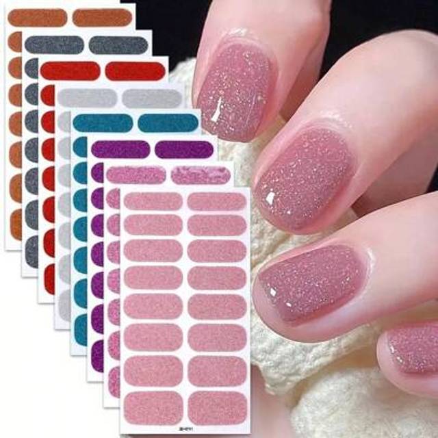 SHEIN 8/9Sheets Nail Wraps Nail Polish Strips, Solid Color Glitter Self-Adhesive Gel Nail Stickers, Suitable For Women&#39;s Home DlY Self-Use Nail Art Supplies