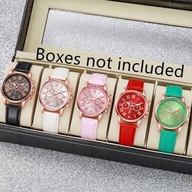 SHEIN 5pcs/Set Fashion Roman Numerals Quartz Wristwatches - Eternal Design, Accurate Quartz Movement, Soft Leather Strap - Couple Watch - Classic Roman Nume
