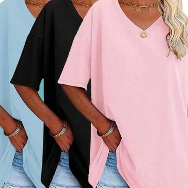 SHEIN Plus Size Solid Half Sleeve T-Shirt, Casual V Neck T-Shirt For Summer, Women&#39;s Plus Size Clothing Graphic Tees Women Tops