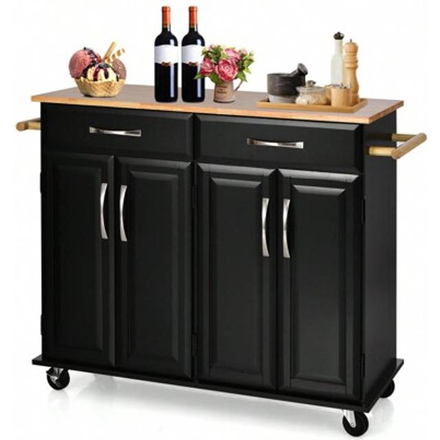 SHEIN Kitchen Storage Trolley Cart Rolling Island Shelves Cupboard 2 Drawers-Black