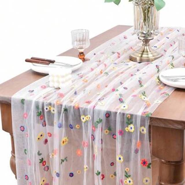 SHEIN (Daisy Tablecloth) Embroidered Daisy Floral Table Cloth, 10ft Floral Sheer Mesh Tablecloth, Holiday Kitchen Dining Table Decor Suitable For Homes, Par