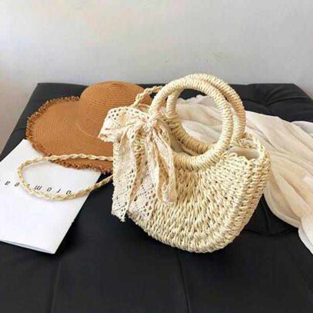 SHEIN 1 Pc Fashionable Bohemian Vacation Style Solid Color Woven Grass With Ribbon Decoration Circular Handle Women&#39;s Hand-Held Beach Bag Suitable For Leisu