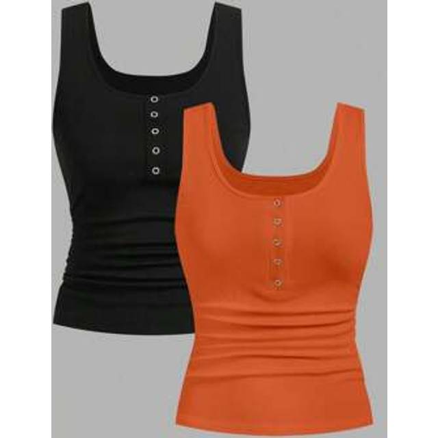 Slaydiva 2pcs Black & Orange Buttoned Criss-Cross Back Pleated Summer Tank Tops For Women Back To School