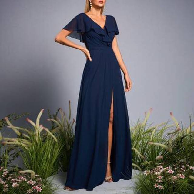 SHEIN Mgiacy New Arrival V Neck Elegant Bridesmaid Dress Ruffle Crimping High Slit Chiffon Long Dress