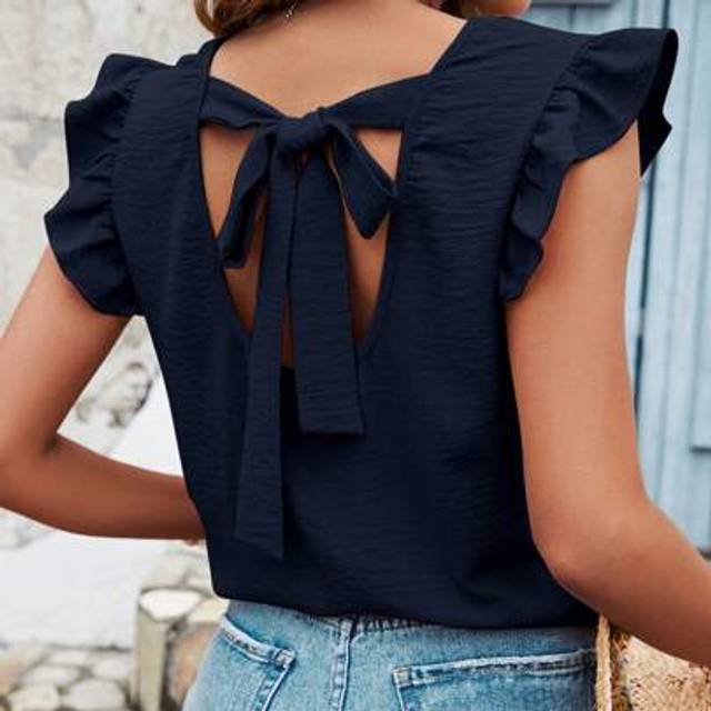 SHEIN Women&#39;s Summer Vacation Solid Colored Back Cross Strap Ruffle Trim Blouse