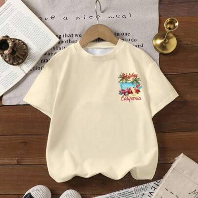 SHEIN Young Boys Casual Vintage Letter & Car Graphic Tee, Comfortable And Versatile Short Sleeve T-Shirt, Suitable For All Seasons - Summer Beach Roadster &