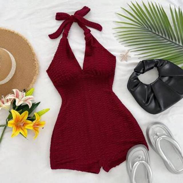 Soleia Women Burgundy Knitted Shirred Jumpsuit With Deep V Neck And Tie, Vacation Dress, Slim Fit, Suitable For Party, Valentine&#39;s Day, Date, Layering