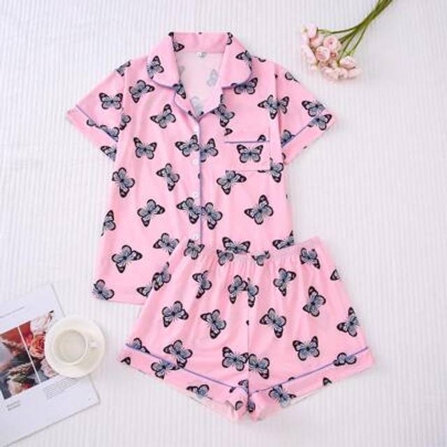 SHEIN 2pcs Butterfly Print Women Pajamas Set, Short Sleeve Shirt With Lapel Button And Elastic Waist Loose Shorts, Suitable For Holiday Party, Home, Casual