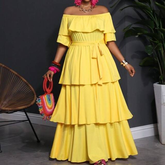Slaydiva Plus Size Women 2025 New  Butter Yellow Arrival Casual Daily Beach Off Shoulder Layered Ruffle Belted Dress, Suitable For Spring/Summer