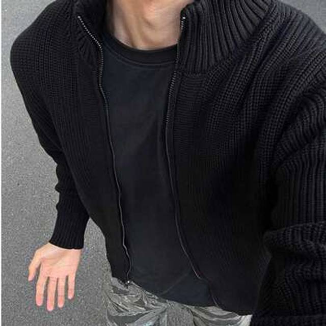 SHEIN Men&#39;s Simple Casual Solid Zip-Front Stand Collar Ribbed Knit Cardigan