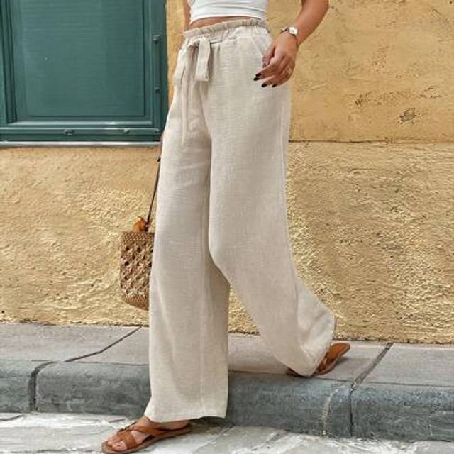 SHEIN Women&#39;s Simple Solid Color Bowknot Drawstring Waist Long Pants, Suitable For Summer,Faux Linen Bamboo Pattern Non-Stretch Fabric,Fashion Casual Everyd