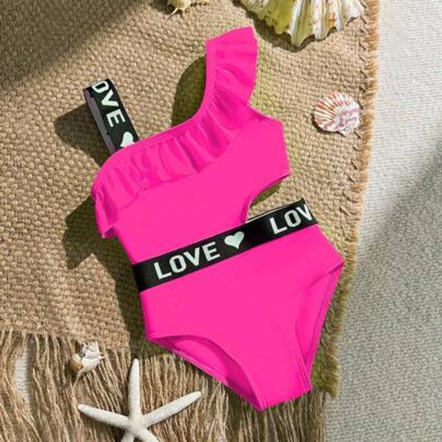 SHEIN Girls 1-Piece Cute & Bright Green Swim Suit With Oblique Ruffle Strap, Letter Belt