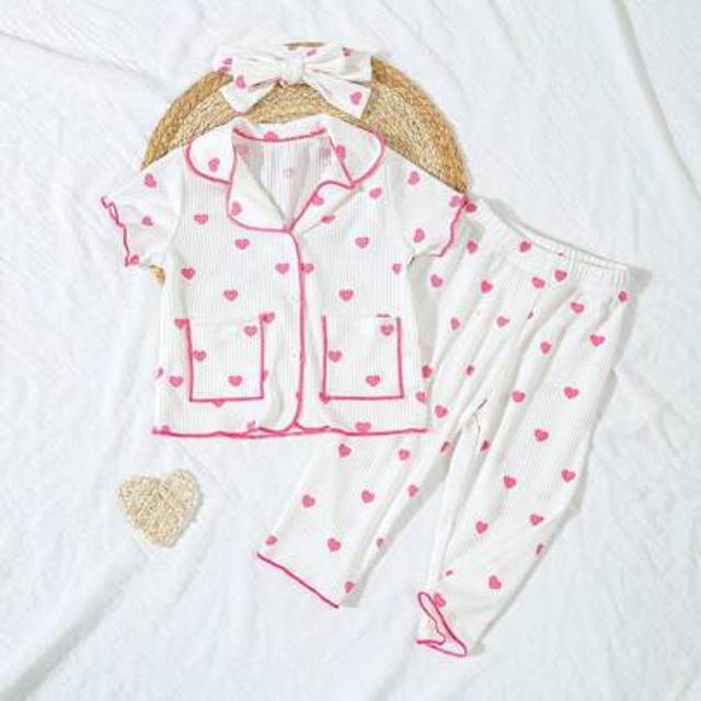 SHEIN 3pcs/Set Baby Girls Soft Comfy White Textured Fabric Casual Loose Cute Pink Heart Print Open Cardigan Short Sleeve Top And Extra Long Pants With Match
