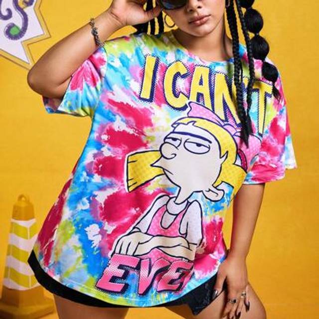 SHEIN Plus Size Spring Summer Rave Concert Festival Retro 90s Y2K Tie Dye Cartoon Graphic Baggy T-Shirt