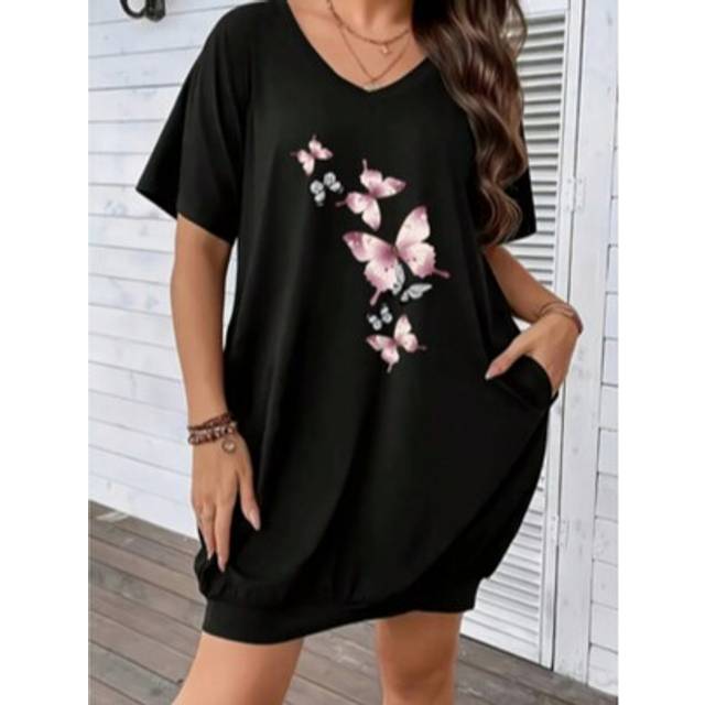 SHEIN Plus Size Women Solid Color V-Neck Short Sleeve Casual T-Shirt Dress For Summer