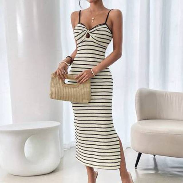 Calvaya Black & White Contrast Knit Texture Twist Front Dress For Women