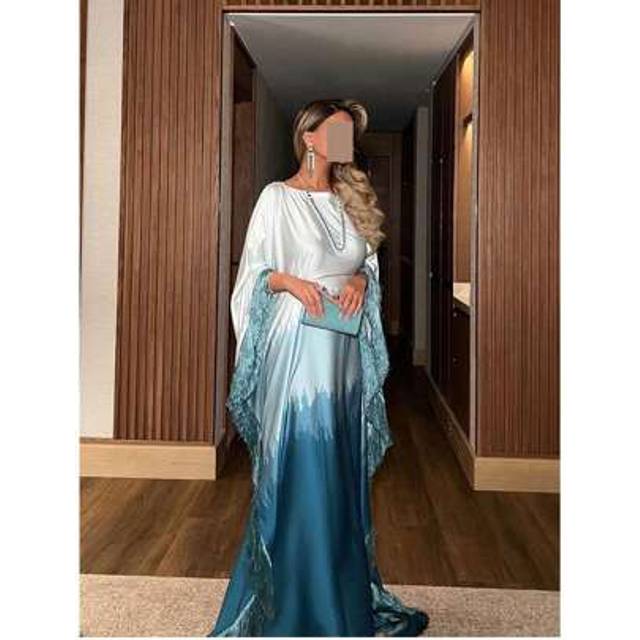 SHEIN Women&#39;s Muslim Silk-Like Ombre Dress â White To Teal Gradient Abaya Robe With Fringe Trim For Modest Occasions