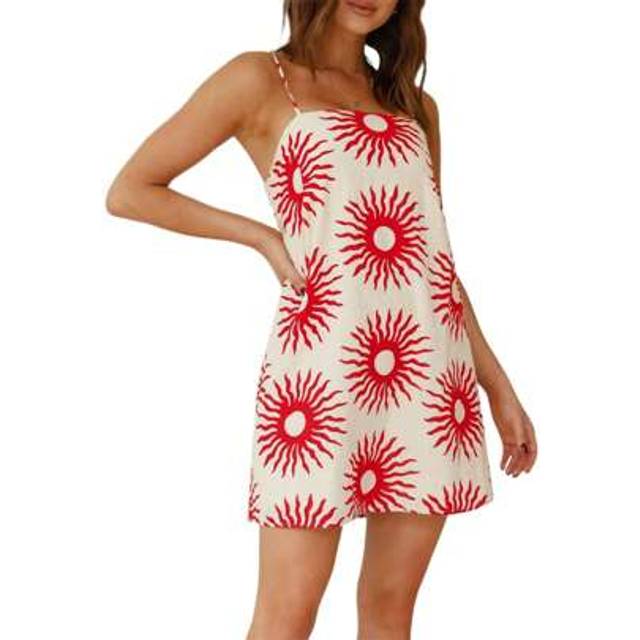 SHEIN Women Summer Tunic Mini Tank Dress, Spaghetti Straps Backless Cute Print A-Line Casual Loose Short Dresses