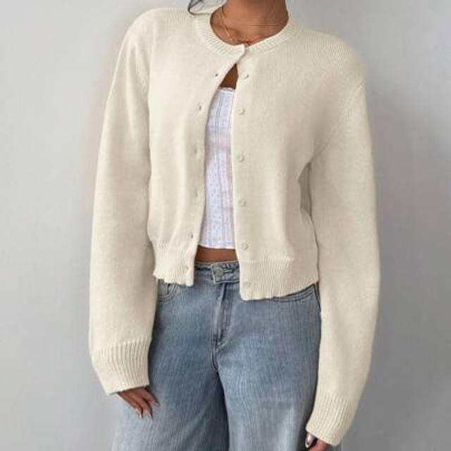 SHEIN Casual Solid Color Round Neck Long Sleeve Loose Cropped Women Sweater Cardigan