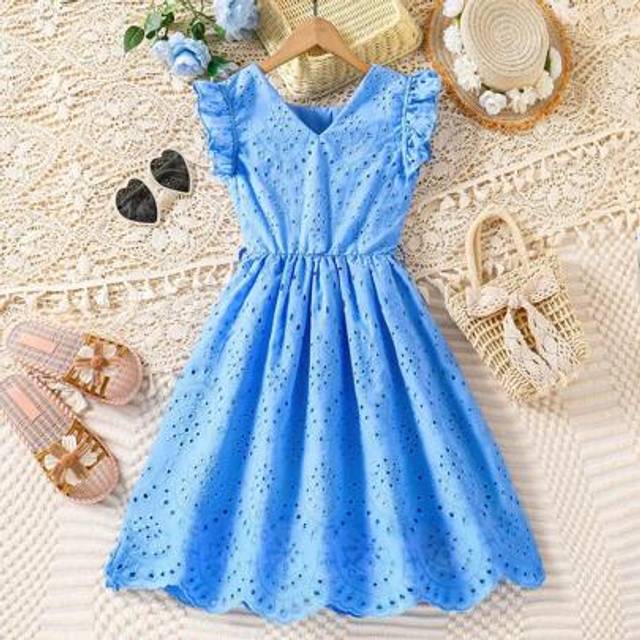 SHEIN Tween Girls&#39; Casual V-Neck Tie-Dye Embroidered Cap Sleeve Dress, Resort Wear,Holiday Summer Travel